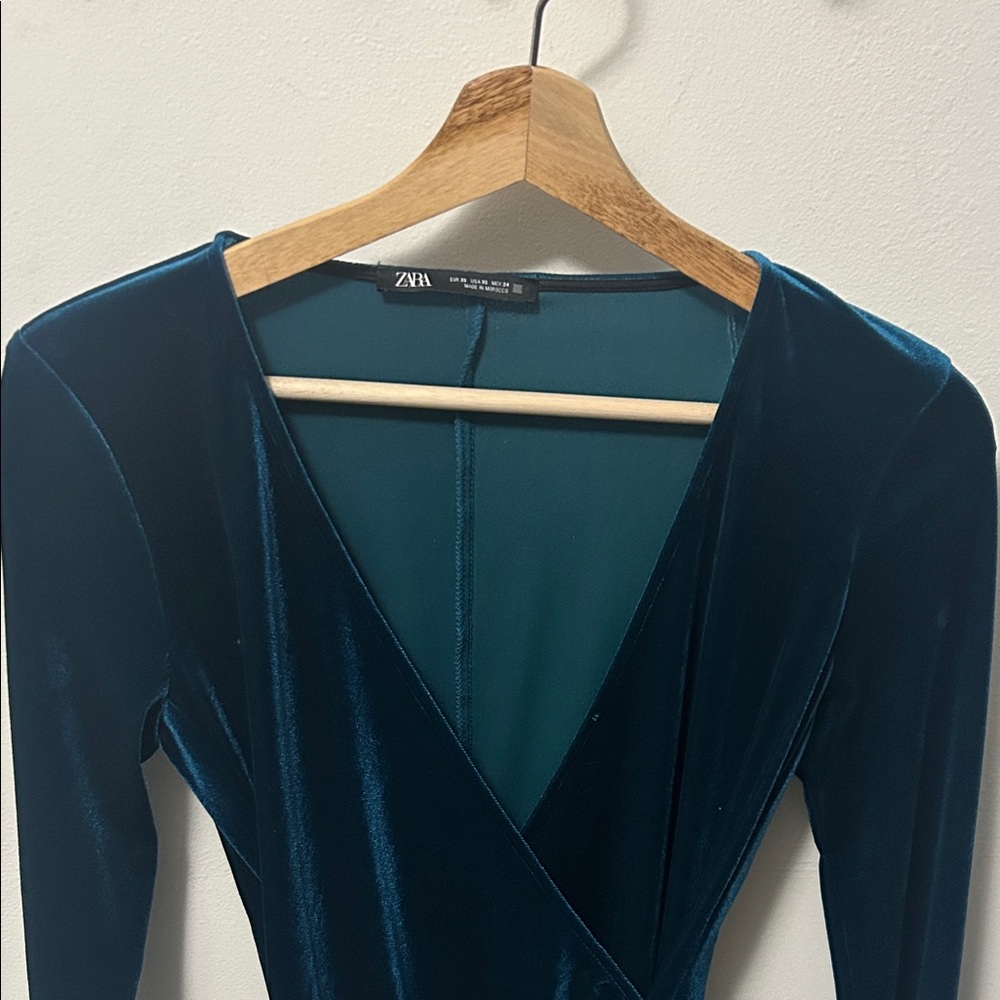 Zara Teal Velvet Wrap-Style Long Sleeve Dress